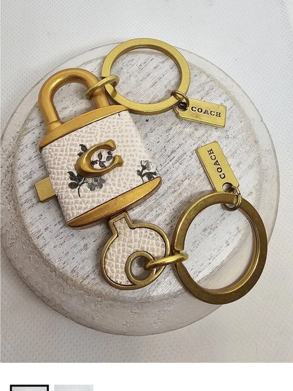 Cream Floral Leather Padlock Keychain with Gold Hardware bag charm